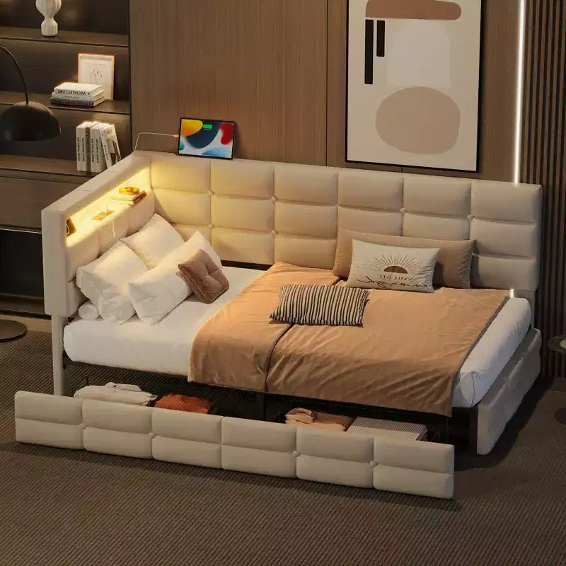 Divano letto angolare a L imbottito beige/grigio con luci a LED, stazione di ricarica e 2 cassetti portaoggetti — 1–2 posti