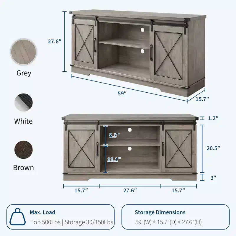 Mobile TV da 65" con ante scorrevoli a fienile, legno, marrone/bianco e grigio, adatto per 1 TV