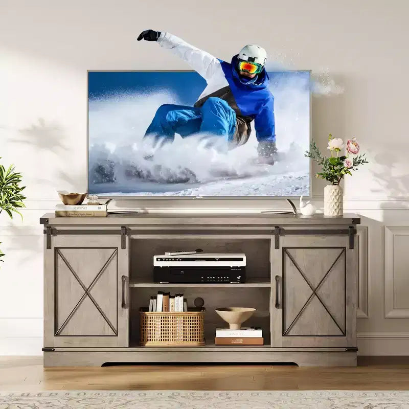 Mobile TV da 65" con ante scorrevoli a fienile, legno, marrone/bianco e grigio, adatto per 1 TV