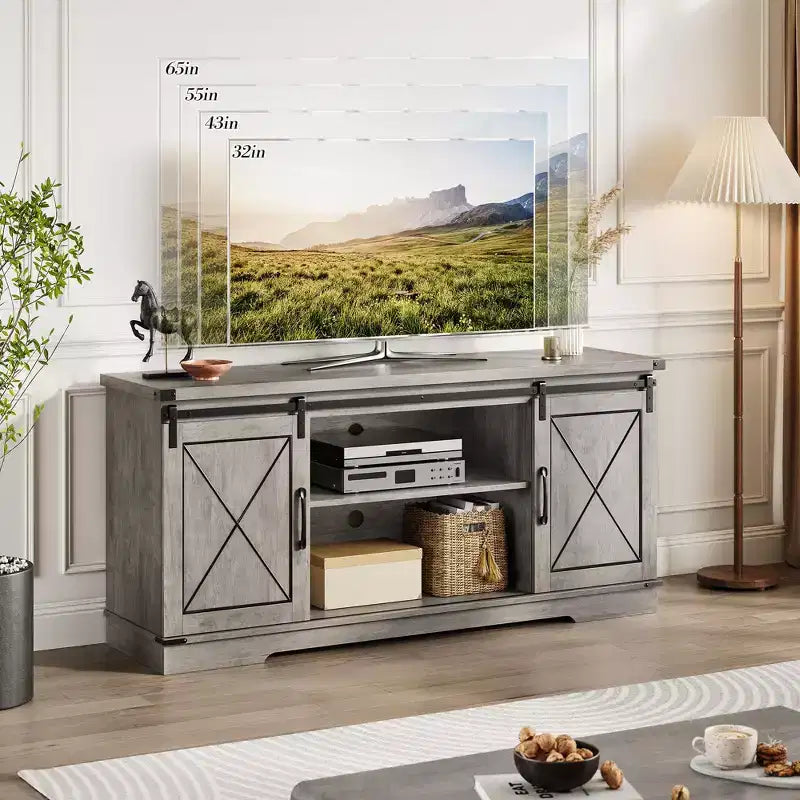 Mobile TV da 65" con ante scorrevoli a fienile, legno, marrone/bianco e grigio, adatto per 1 TV