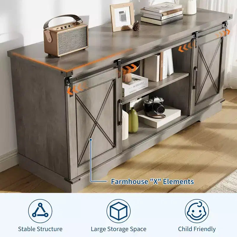 Mobile TV da 65" con ante scorrevoli a fienile, legno, marrone/bianco e grigio, adatto per 1 TV
