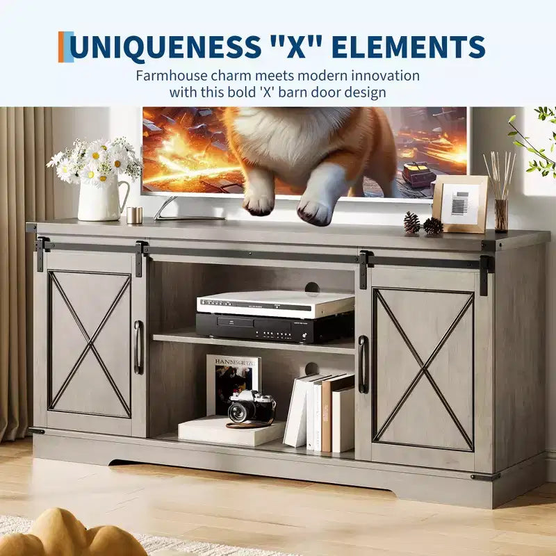 Mobile TV da 65" con ante scorrevoli a fienile, legno, marrone/bianco e grigio, adatto per 1 TV