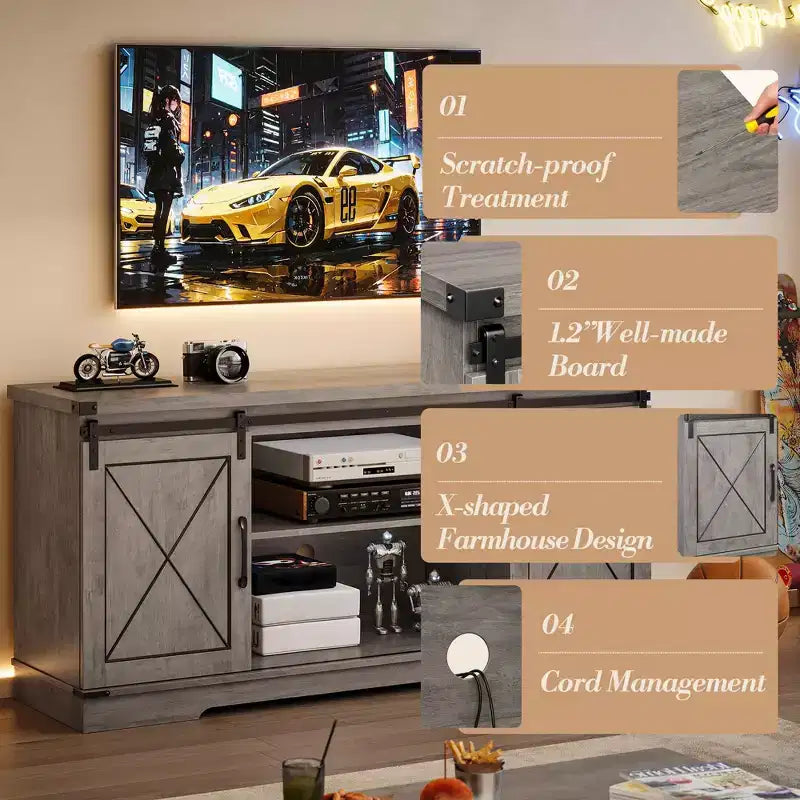Mobile TV da 65" con ante scorrevoli a fienile, legno, marrone/bianco e grigio, adatto per 1 TV