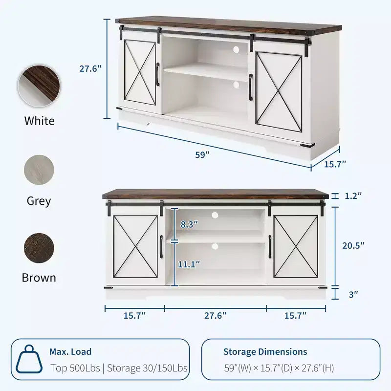 Mobile TV da 65" con ante scorrevoli a fienile, legno, marrone/bianco e grigio, adatto per 1 TV