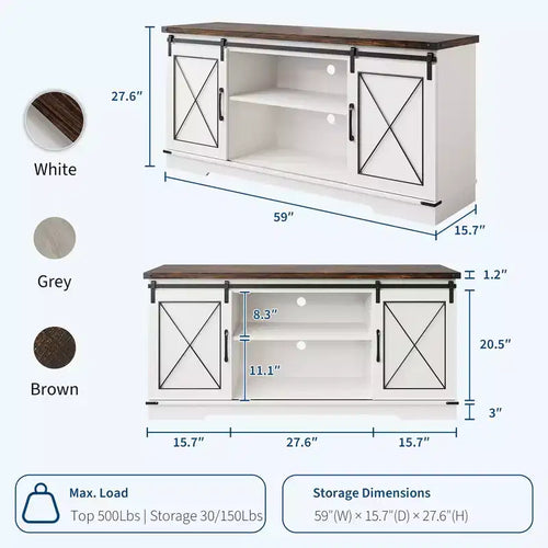 Mobile TV da 65" con ante scorrevoli a fienile, legno, marrone/bianco e grigio, adatto per 1 TV
