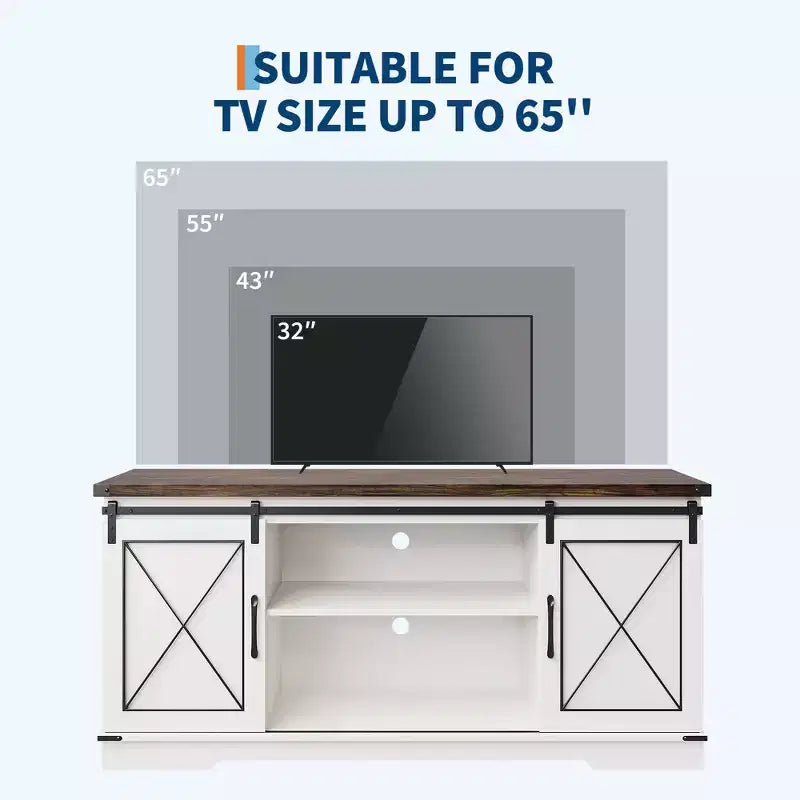 Mobile TV da 65" con ante scorrevoli a fienile, legno, marrone/bianco e grigio, adatto per 1 TV