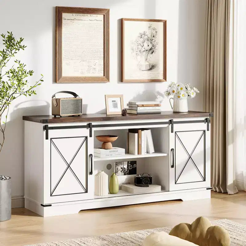 Mobile TV da 65" con ante scorrevoli a fienile, legno, marrone/bianco e grigio, adatto per 1 TV