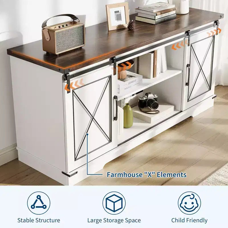 Mobile TV da 65" con ante scorrevoli a fienile, legno, marrone/bianco e grigio, adatto per 1 TV