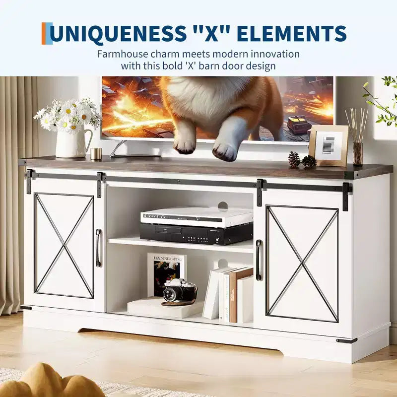 Mobile TV da 65" con ante scorrevoli a fienile, legno, marrone/bianco e grigio, adatto per 1 TV