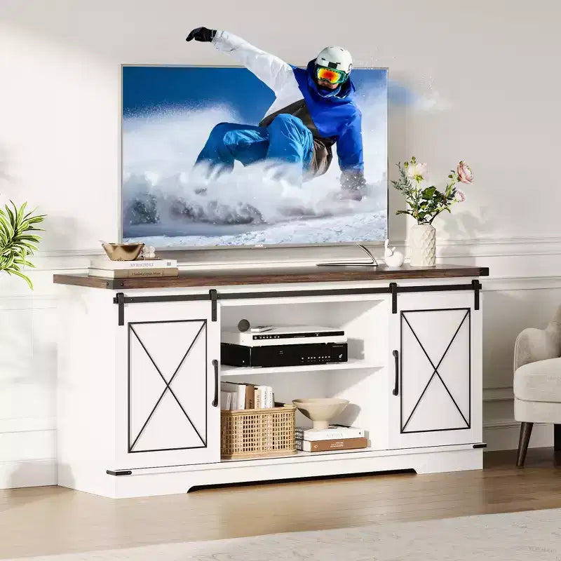 Farmhouse Style 65-Inch TV Stand with Sliding Barn Doors, Entertainment Center & Media Console for Living Room or Bedroom
