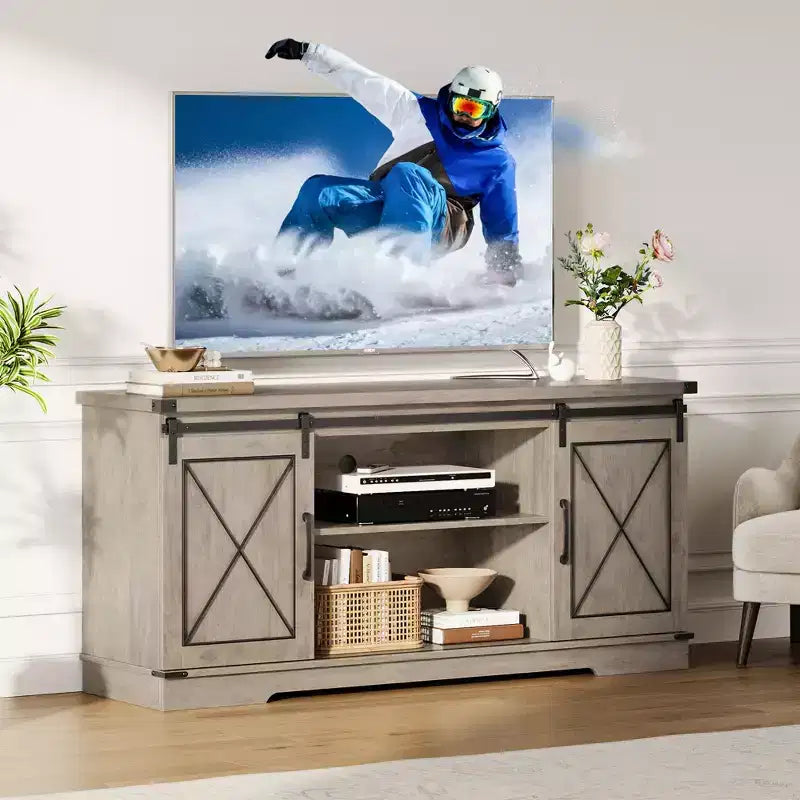 Mobile TV da 65" con ante scorrevoli a fienile, legno, marrone/bianco e grigio, adatto per 1 TV