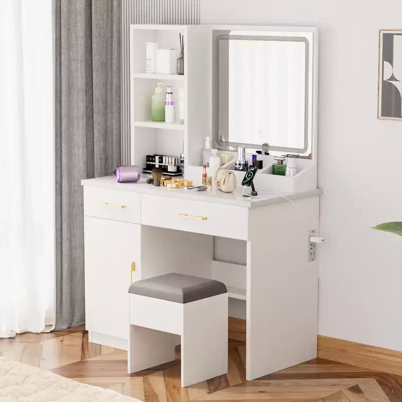 Set Toeletta da Trucco Bianco 32" con Specchio e Sgabello - 1 Persona