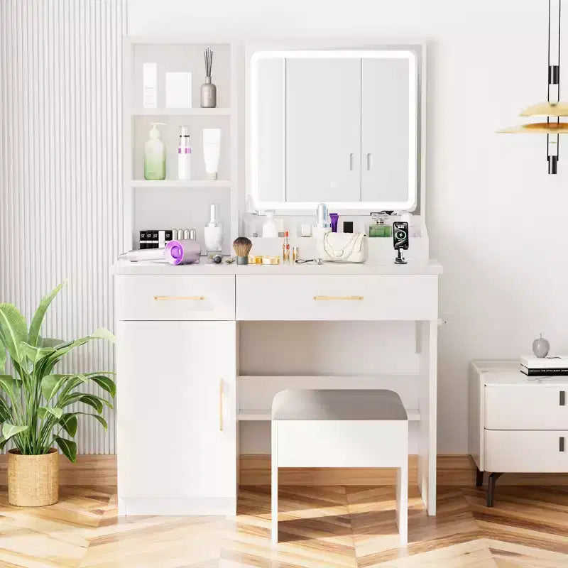 Set Toeletta da Trucco Bianco 32" con Specchio e Sgabello - 1 Persona