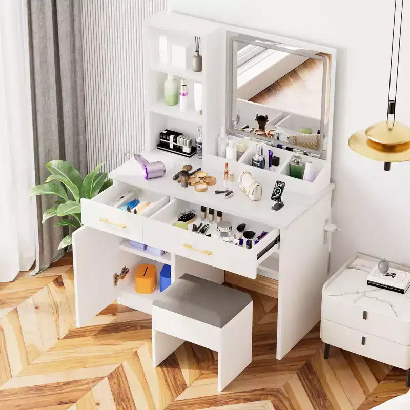 Set Toeletta da Trucco Bianco 32" con Specchio e Sgabello - 1 Persona