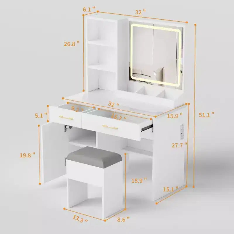 Set Toeletta da Trucco Bianco 32" con Specchio e Sgabello - 1 Persona
