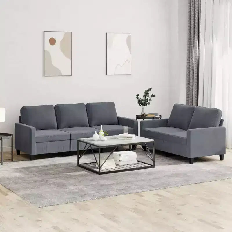 Set Divano in Velluto Grigio Scuro / Verde Scuro con Cuscini – 2 Pezzi, 5 Posti a Sedere