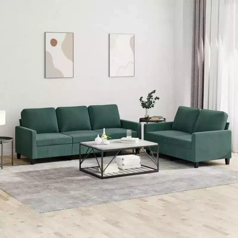 Set Divano in Velluto Grigio Scuro / Verde Scuro con Cuscini – 2 Pezzi, 5 Posti a Sedere