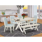 Set da pranzo rettangolare 6 pezzi per 5 persone, legno di rovere naturale e similpelle