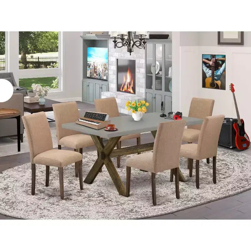 Set da pranzo rettangolare multi-colore da 7 pezzi per 6 persone, struttura in legno e sedie imbottite in finta pelle