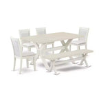 HomeStock 6-Piece Rectangle Wire Brushed Linen White Finish Solid Wood Top Dining Table with 1-Bench, 4-Chairs
