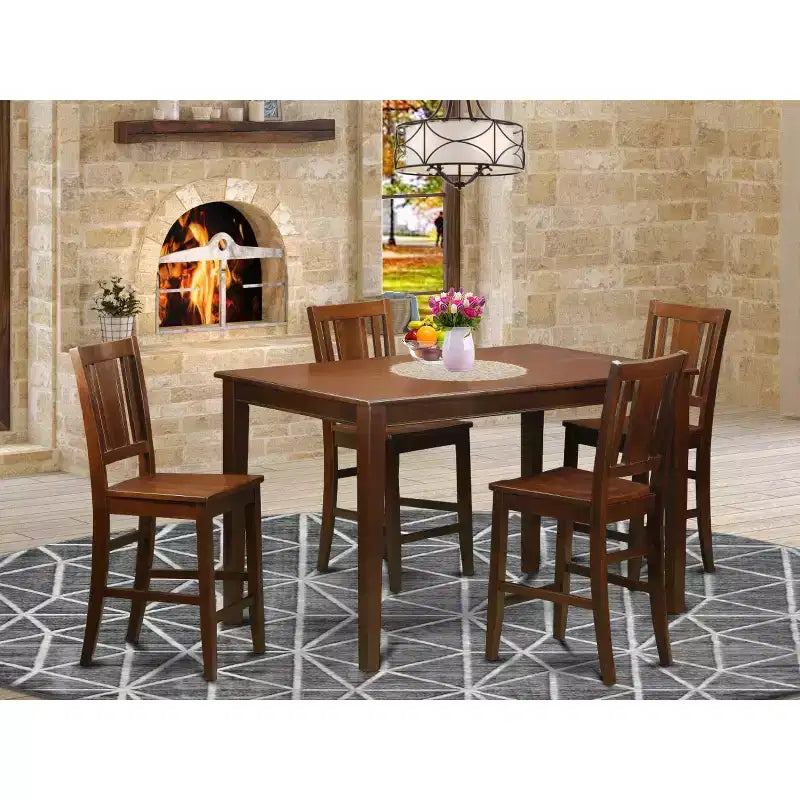 Set da pranzo a 5 pezzi color marrone scuro, altezza bancone, 4 posti a sedere