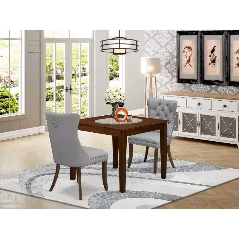 Set tavolo da pranzo rotondo da 3 pezzi per 2 persone, grigio retrò, struttura in legno con sedie in similpelle