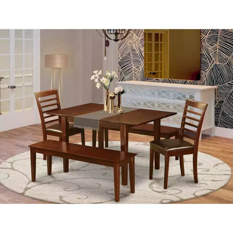 Set da pranzo rotondo da 7 pezzi marrone per 6, struttura in legno e sedie in ecopelle