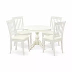 HomeStock 5-Piece Round Linen White Finish Solid Wood Top Dining table with 4-Chairs with Slat Back