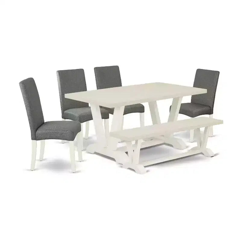 HomeStock 6-Pc Rectangle Natural Oak Finish Solid Wood Top Dining Table with 1-Bench, 4-Chairs
