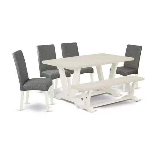 HomeStock 6-Pc Rectangle Natural Oak Finish Solid Wood Top Dining Table with 1-Bench, 4-Chairs