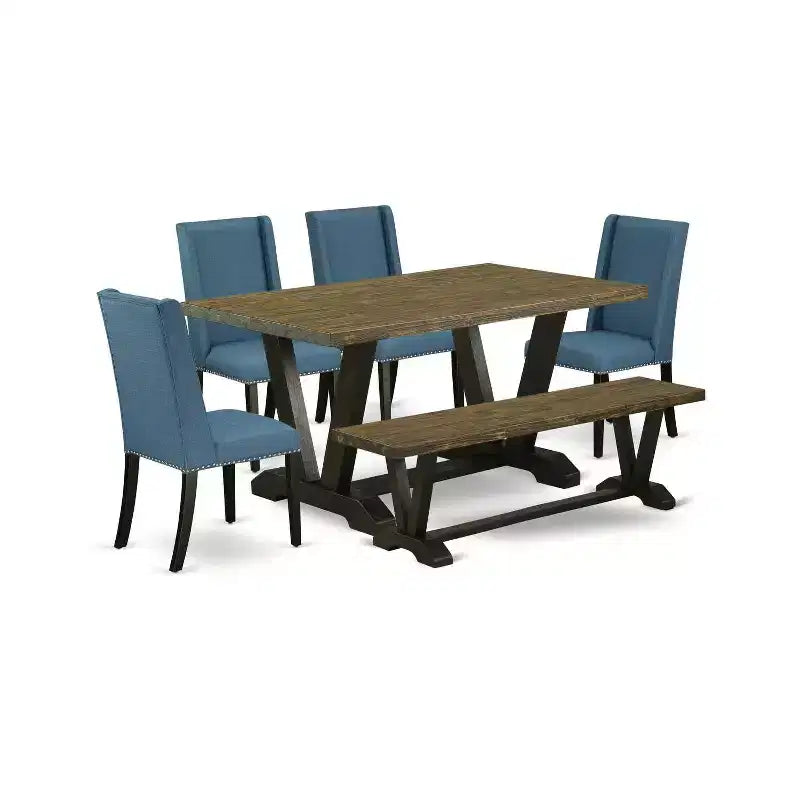 HomeStock 6-Piece Rectangle Distressed Jacobean Finish Solid Wood Top Dining Table with 1-Bench, 4-Chairs
