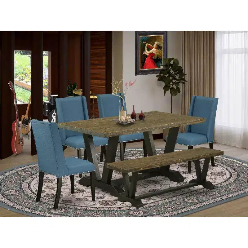 Set da pranzo rettangolare da 6 pezzi in noce con panca, 5 posti, similpelle
