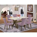 Set da pranzo rettangolare marrone da 7 pezzi per 6 persone con poltroncine imbottite in similpelle