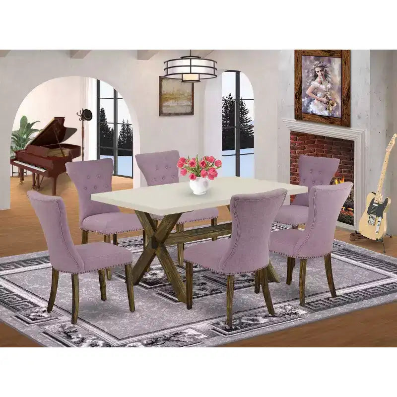 Set da pranzo rettangolare marrone da 7 pezzi per 6 persone con poltroncine imbottite in similpelle