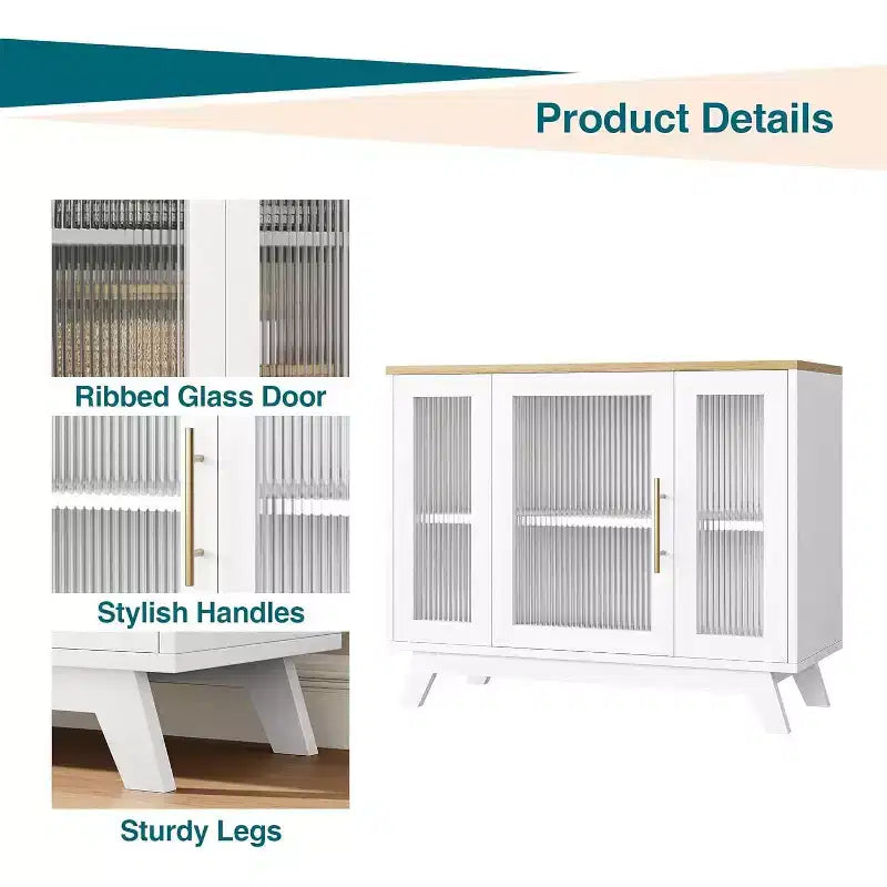 Credenza a buffet con anta in vetro scanalato bianco, larghezza 35,8", maniglia dorata, ripiano regolabile — Montaggio per 1 persona