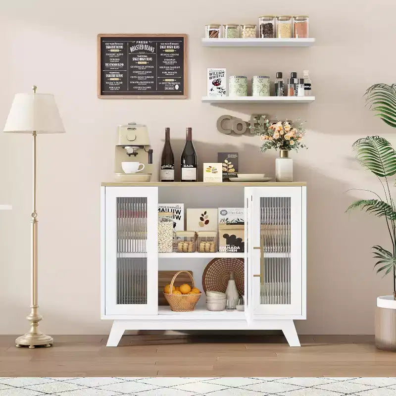 Credenza a buffet con anta in vetro scanalato bianco, larghezza 35,8", maniglia dorata, ripiano regolabile — Montaggio per 1 persona