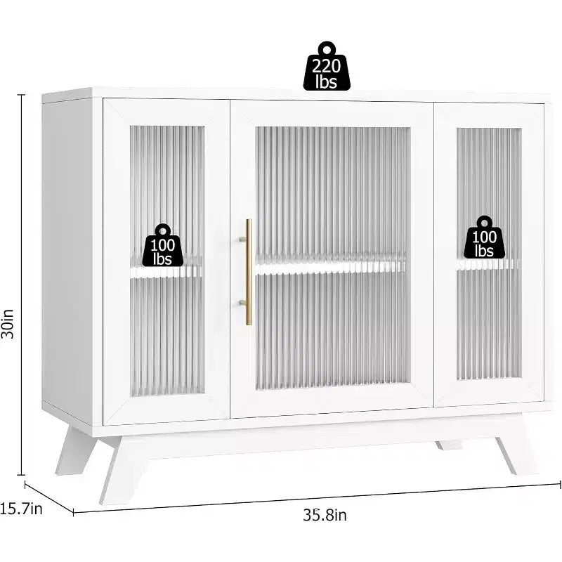 Credenza a buffet con anta in vetro scanalato bianco, larghezza 35,8", maniglia dorata, ripiano regolabile — Montaggio per 1 persona