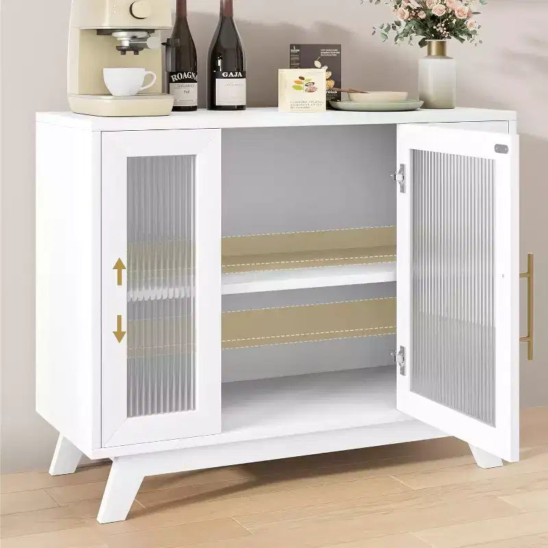 Credenza a buffet con anta in vetro scanalato bianco, larghezza 35,8", maniglia dorata, ripiano regolabile — Montaggio per 1 persona