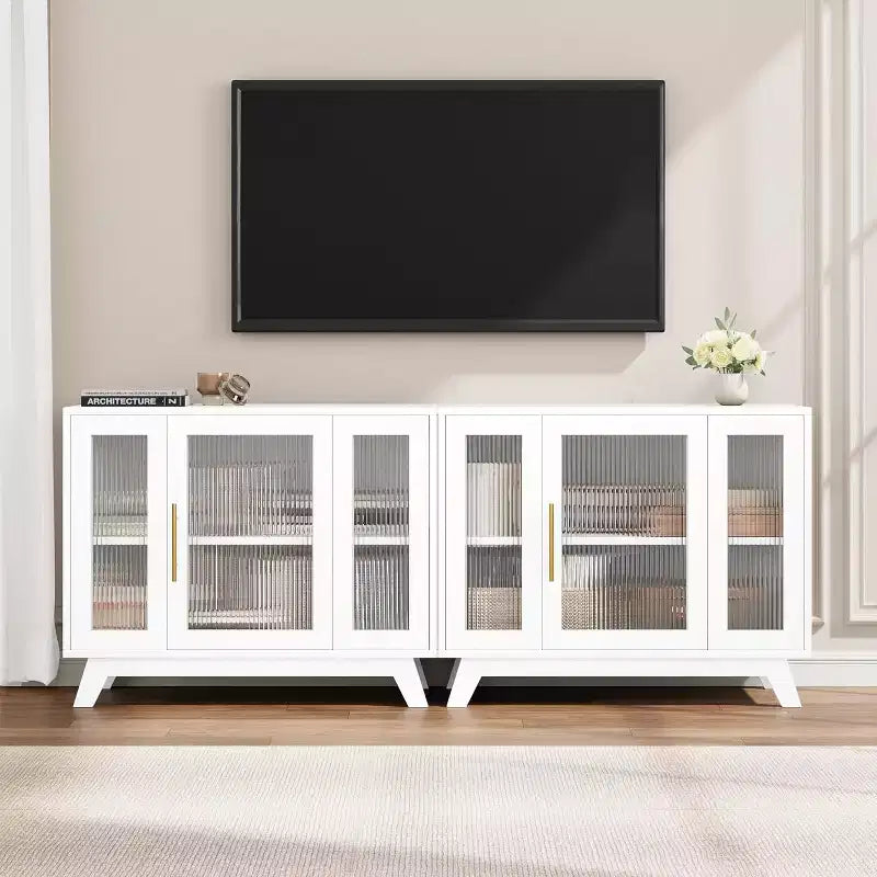 Credenza a buffet con anta in vetro scanalato bianco, larghezza 35,8", maniglia dorata, ripiano regolabile — Montaggio per 1 persona