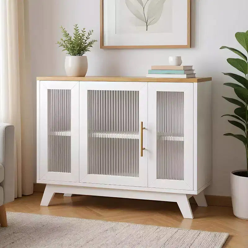 Credenza a buffet con anta in vetro scanalato bianco, larghezza 35,8", maniglia dorata, ripiano regolabile — Montaggio per 1 persona