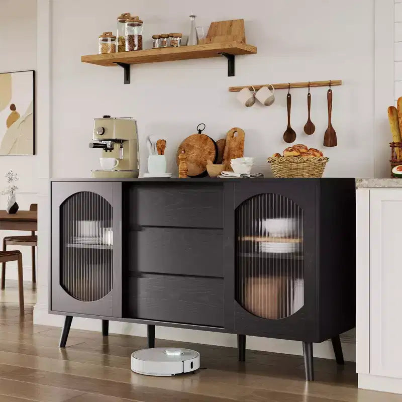 Credenza da buffet nera con ante in vetro scanalato, 3 cassetti, 2 ripiani