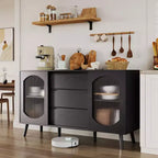 Credenza da buffet nera con ante in vetro scanalato, 3 cassetti, 2 ripiani