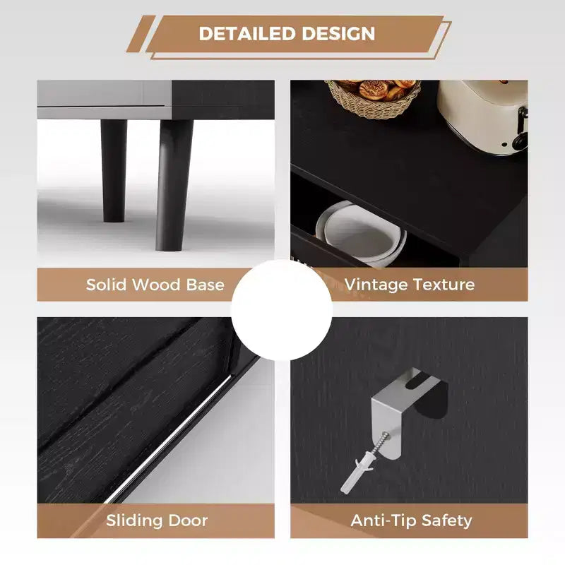 Credenza da buffet nera con ante in vetro scanalato, 3 cassetti, 2 ripiani