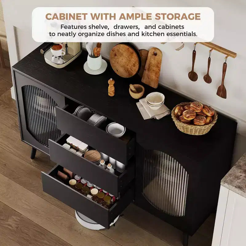 Credenza da buffet nera con ante in vetro scanalato, 3 cassetti, 2 ripiani