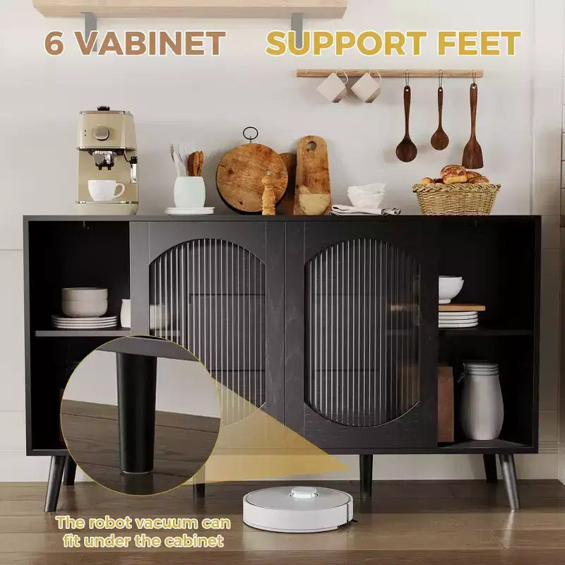 Credenza da buffet nera con ante in vetro scanalato, 3 cassetti, 2 ripiani