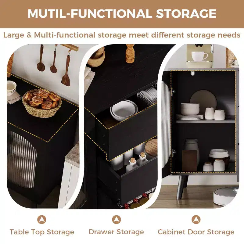 Credenza da buffet nera con ante in vetro scanalato, 3 cassetti, 2 ripiani