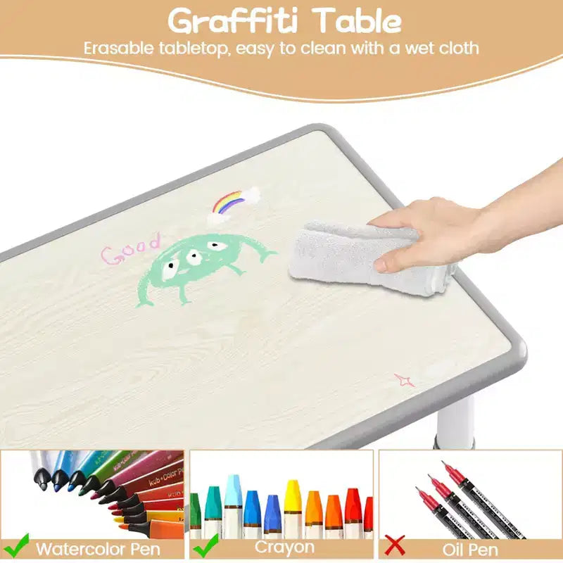 Set marrone/grigio tavolo e 4 sedie per bambini, regolabile in altezza, età 3-10 anni, 4 posti