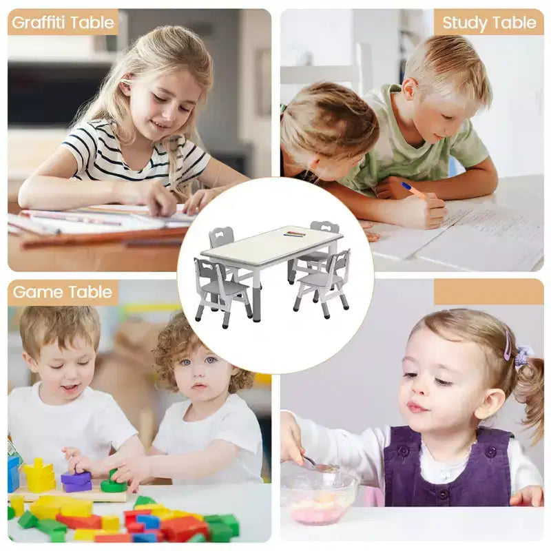Set marrone/grigio tavolo e 4 sedie per bambini, regolabile in altezza, età 3-10 anni, 4 posti