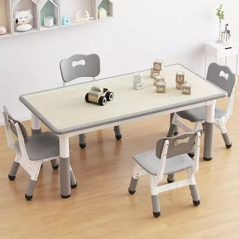 Set marrone/grigio tavolo e 4 sedie per bambini, regolabile in altezza, età 3-10 anni, 4 posti
