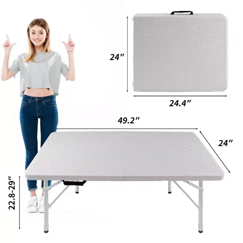 Tavolo Pieghevole in Rattan da 120 cm, Marrone/Bianco, 4 Posti